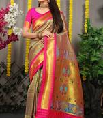 Teal grey paithani silk blend saree with rani pink border and peacock pallu