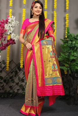 Teal grey paithani silk blend saree with rani pink border and peacock pallu 2