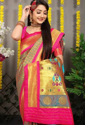 Teal grey paithani silk blend saree with rani pink border and peacock pallu 3