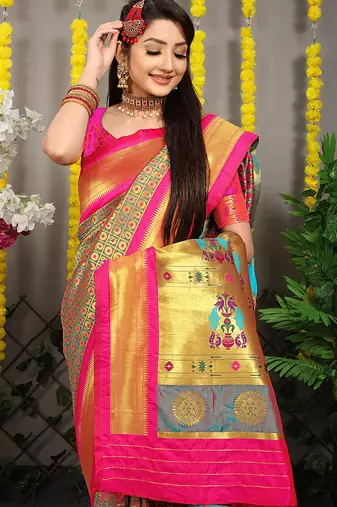 Teal grey paithani silk blend saree with rani pink border and peacock pallu