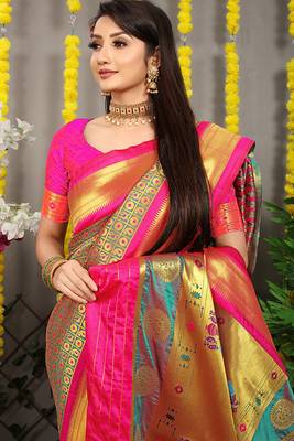 Teal grey paithani silk blend saree with rani pink border and peacock pallu 4