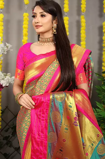 Teal grey paithani silk blend saree with rani pink border and peacock pallu