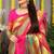 Teal grey paithani silk blend saree with rani pink border and peacock pallu