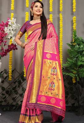 Rani pink paithani silk blend saree with  purple border and peacock pallu 1
