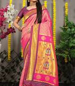 Rani pink paithani silk blend saree with  purple border and peacock pallu