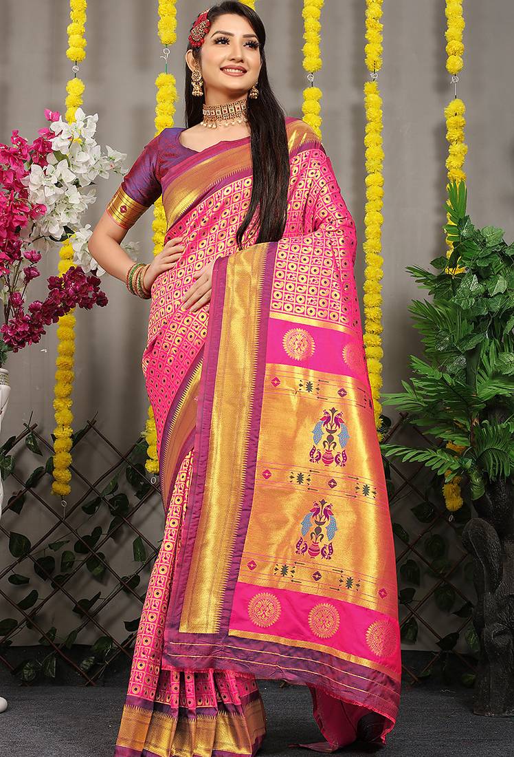 Rani pink paithani silk blend saree with  purple border and peacock pallu