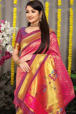 Rani pink paithani silk blend saree with  purple border and peacock pallu 3
