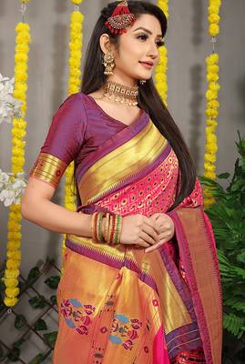 Rani pink paithani silk blend saree with  purple border and peacock pallu 4