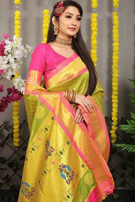 Parrot green paithani silk blend saree with  rani pink border and peacock pallu 3