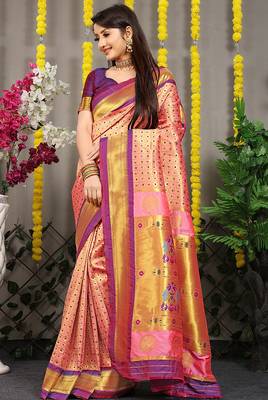 Peach paithani silk blend saree with  purple border and peacock pallu 1