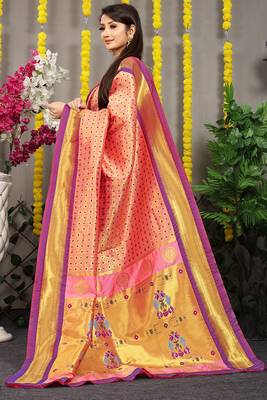 Peach paithani silk blend saree with  purple border and peacock pallu 2