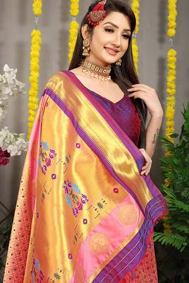 Peach paithani silk blend saree with  purple border and peacock pallu 3