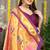 Peach paithani silk blend saree with  purple border and peacock pallu
