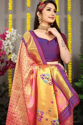 Peach paithani silk blend saree with  purple border and peacock pallu 4