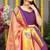 Peach paithani silk blend saree with  purple border and peacock pallu