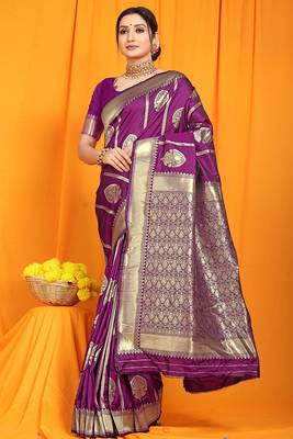 Purple banarasi silk blend saree with rich zari border & buttas 1