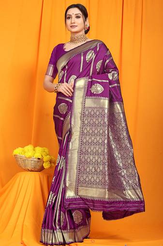 Purple banarasi silk blend saree with rich zari border & buttas