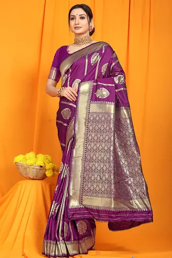 Purple banarasi silk blend saree with rich zari border & buttas
