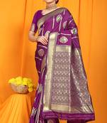 Purple banarasi silk blend saree with rich zari border & buttas