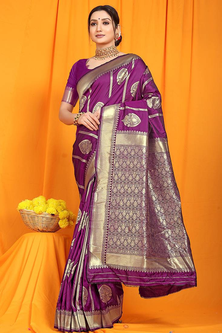 Purple banarasi silk blend saree with rich zari border & buttas