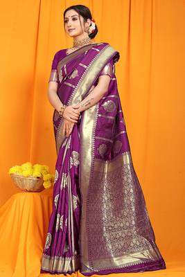 Purple banarasi silk blend saree with rich zari border & buttas 2