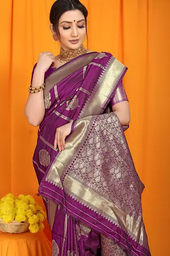 Purple banarasi silk blend saree with rich zari border & buttas
