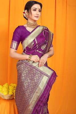 Purple banarasi silk blend saree with rich zari border & buttas 4