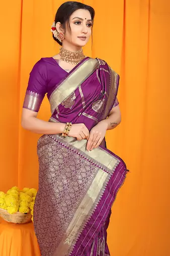 Purple banarasi silk blend saree with rich zari border & buttas