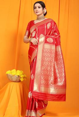 Red banarasi silk blend saree with rich zari border & buttas 1