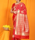 Red banarasi silk blend saree with rich zari border & buttas