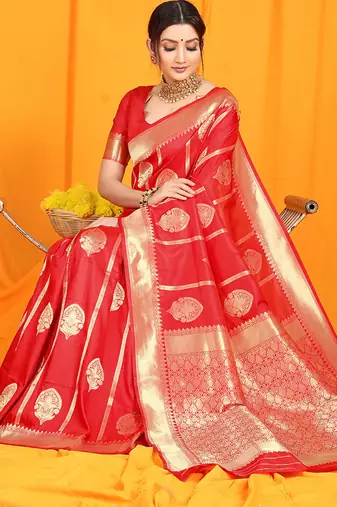 Red banarasi silk blend saree with rich zari border & buttas
