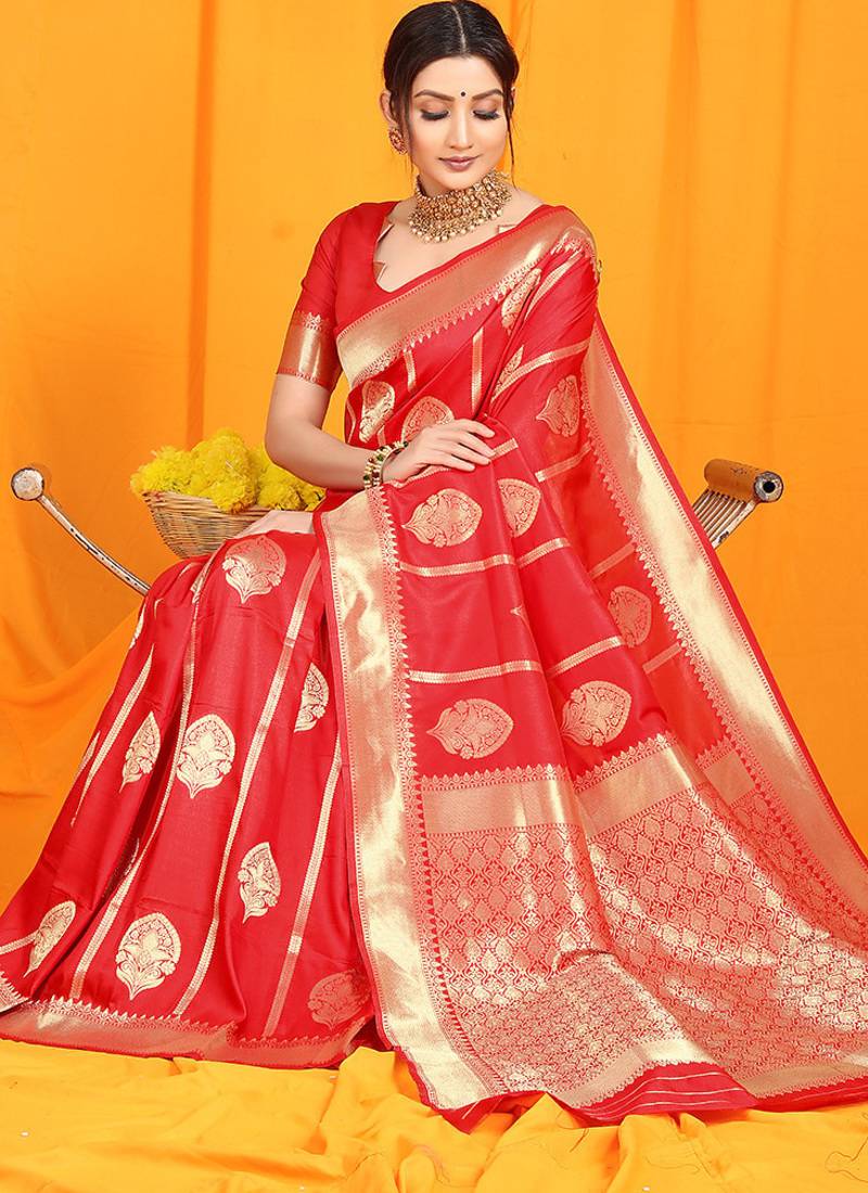 Red banarasi silk blend saree with rich zari border & buttas