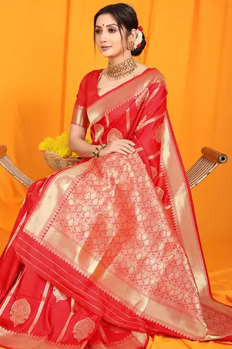 Red banarasi silk blend saree with rich zari border & buttas