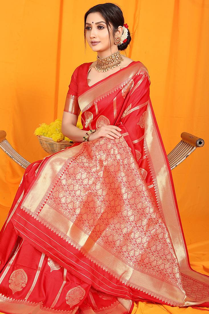 Red banarasi silk blend saree with rich zari border & buttas