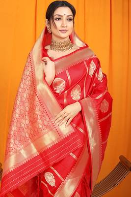 Red banarasi silk blend saree with rich zari border & buttas 4