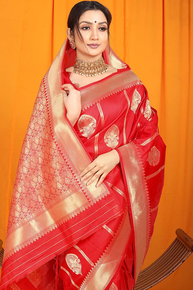 Red banarasi silk blend saree with rich zari border & buttas