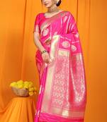 Rani pink banarasi silk blend saree with rich zari border & buttas