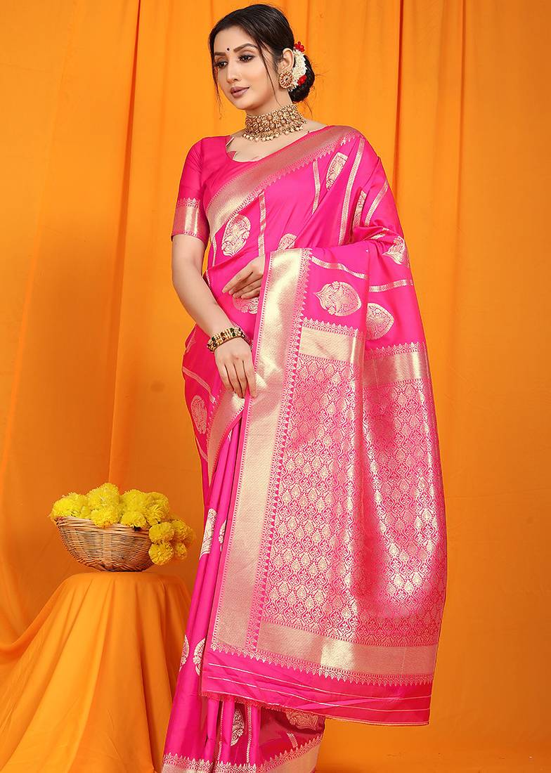 Rani pink banarasi silk blend saree with rich zari border & buttas