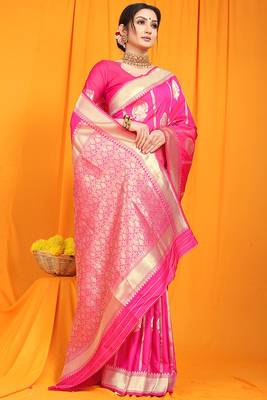 Rani pink banarasi silk blend saree with rich zari border & buttas 2