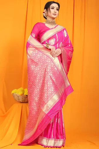 Rani pink banarasi silk blend saree with rich zari border & buttas