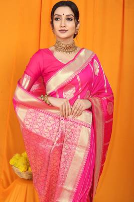 Rani pink banarasi silk blend saree with rich zari border & buttas 3