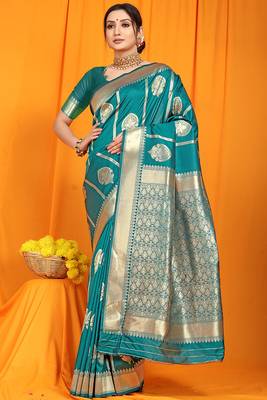 Teal banarasi silk blend saree with rich zari border & buttas 1