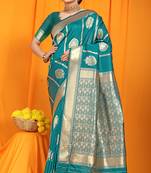 Teal banarasi silk blend saree with rich zari border & buttas