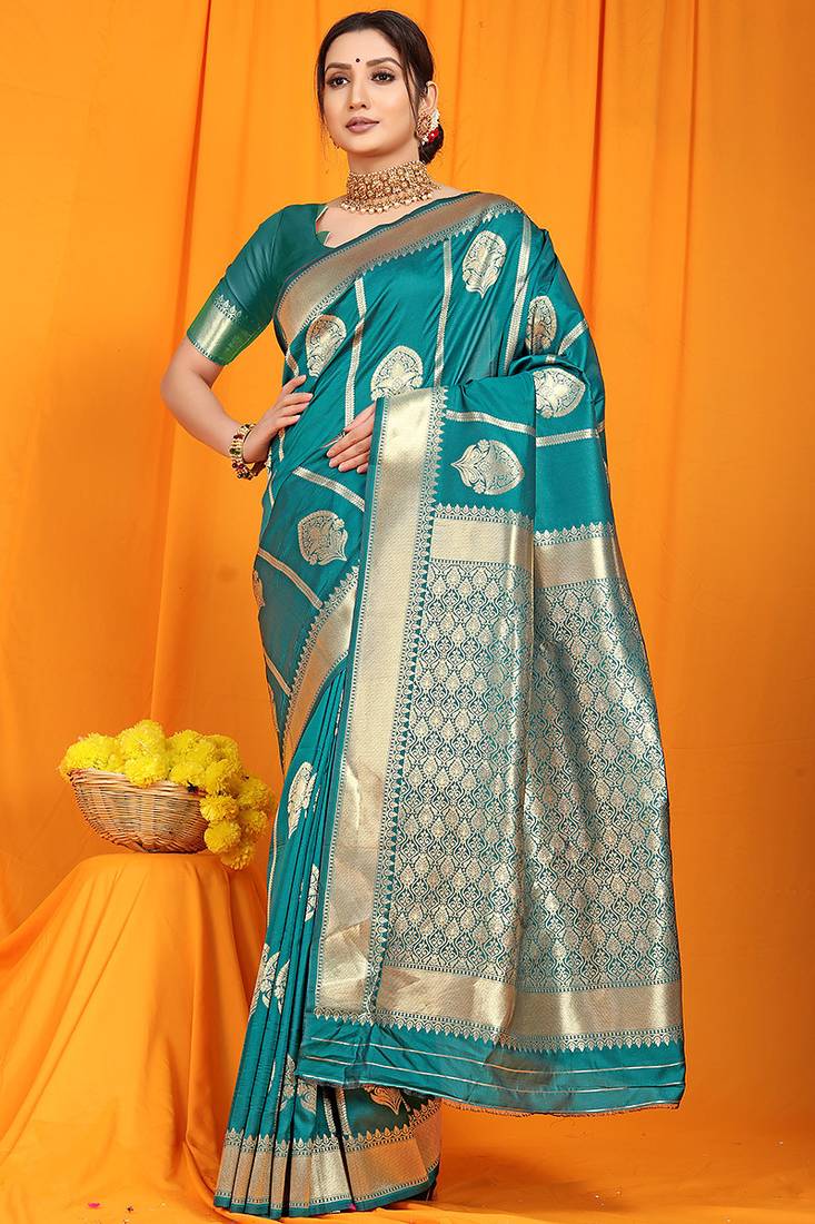 Teal banarasi silk blend saree with rich zari border & buttas