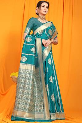 Teal banarasi silk blend saree with rich zari border & buttas 2