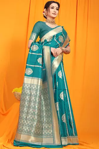 Teal banarasi silk blend saree with rich zari border & buttas
