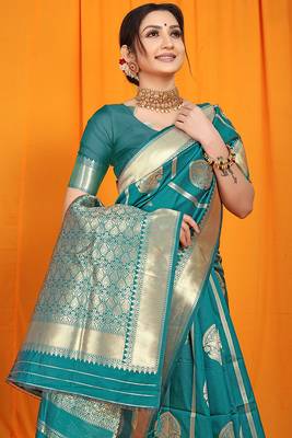 Teal banarasi silk blend saree with rich zari border & buttas 3