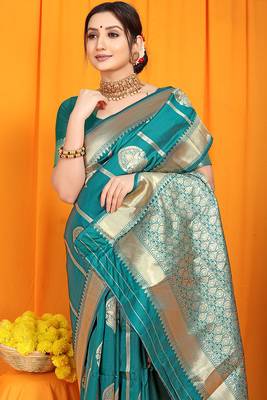 Teal banarasi silk blend saree with rich zari border & buttas 4