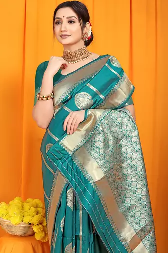 Teal banarasi silk blend saree with rich zari border & buttas