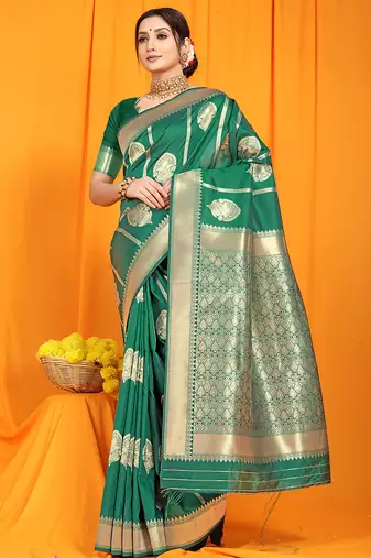 Green banarasi silk blend saree with rich zari border & buttas